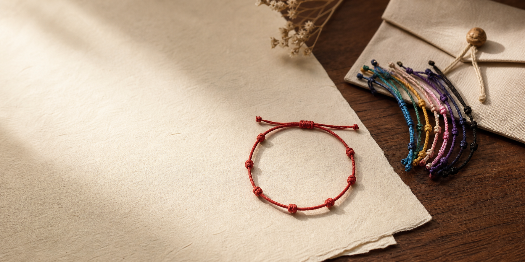 Pulsera roja de 7 nudos sobre papel artesanal con pulseras de colores